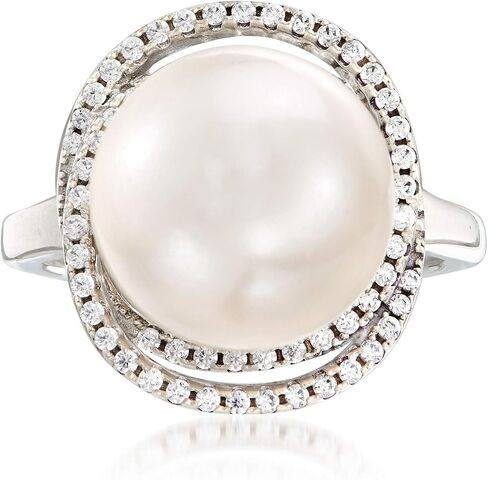Ross-Simons Italian 12mm Cultured Pearl and .78 ct. t.w. CZ Ring in Sterling Silver in Saudi Arabia