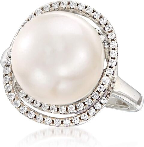 Ross-Simons Italian 12mm Cultured Pearl and .78 ct. t.w. CZ Ring in Sterling Silver in Saudi Arabia