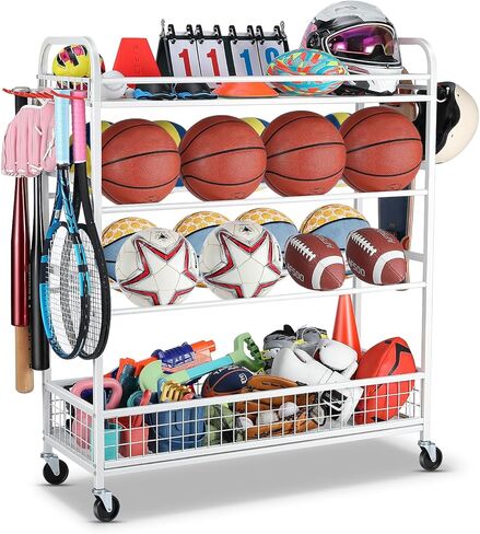 منظم المعدات الرياضية للجراج - صندوق تخزين الكرات الدوارة مع عجلات، رف معدات رياضية للجراج، رفوف كرة السلة الخارجية للكرات مع حامل مضرب البيسبول وخطافات، منظم الألعاب (أبيض) in Kuwait