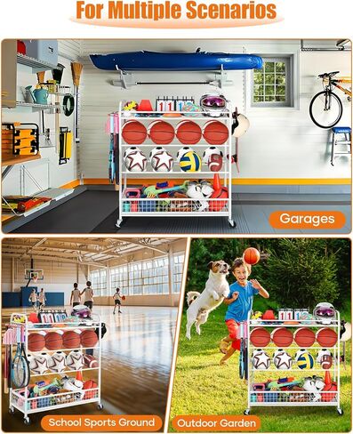 منظم المعدات الرياضية للجراج - صندوق تخزين الكرات الدوارة مع عجلات، رف معدات رياضية للجراج، رفوف كرة السلة الخارجية للكرات مع حامل مضرب البيسبول وخطافات، منظم الألعاب (أبيض) in Kuwait