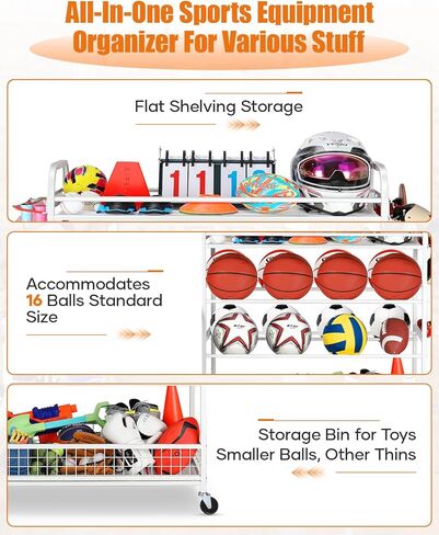 منظم المعدات الرياضية للجراج - صندوق تخزين الكرات الدوارة مع عجلات، رف معدات رياضية للجراج، رفوف كرة السلة الخارجية للكرات مع حامل مضرب البيسبول وخطافات، منظم الألعاب (أبيض) in Kuwait
