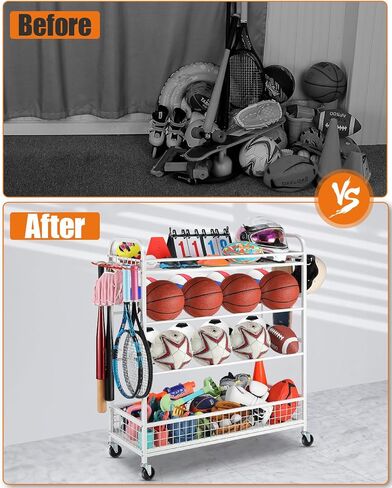 منظم المعدات الرياضية للجراج - صندوق تخزين الكرات الدوارة مع عجلات، رف معدات رياضية للجراج، رفوف كرة السلة الخارجية للكرات مع حامل مضرب البيسبول وخطافات، منظم الألعاب (أبيض) in Kuwait