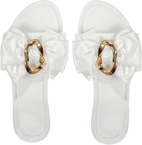 GORGLITTER Women's Bow Flat Sandals Metal Dressy Open Toe Slip On Vacation Slides Sandal in Saudi Arabia