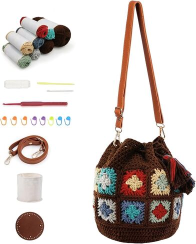 Noocro Crochet Kit for Advanced or Intermediate Beginner DIY Granny Square Bucket Bag, Purse, with Step by Step Tutorial Video and Detailed Instruction Complete Kit Craft Supplies Holiday Gift in Kuwait