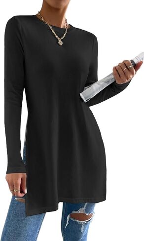 Remidoo Side Slit Tees for Women Long Sleeve T Shirt Crewneck Solid Casual Split Hem Tops in Saudi Arabia