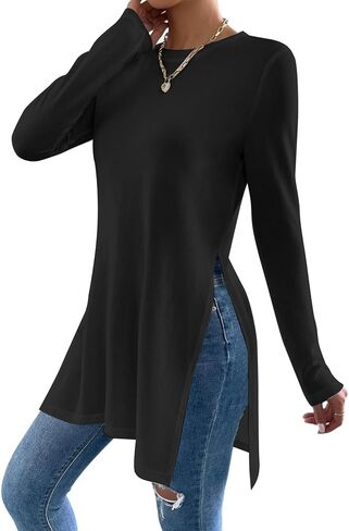 Remidoo Side Slit Tees for Women Long Sleeve T Shirt Crewneck Solid Casual Split Hem Tops in Saudi Arabia
