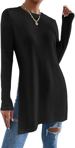 Remidoo Side Slit Tees for Women Long Sleeve T Shirt Crewneck Solid Casual Split Hem Tops in Saudi Arabia