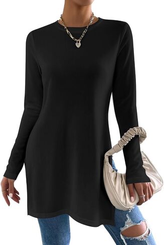 Remidoo Side Slit Tees for Women Long Sleeve T Shirt Crewneck Solid Casual Split Hem Tops in Saudi Arabia
