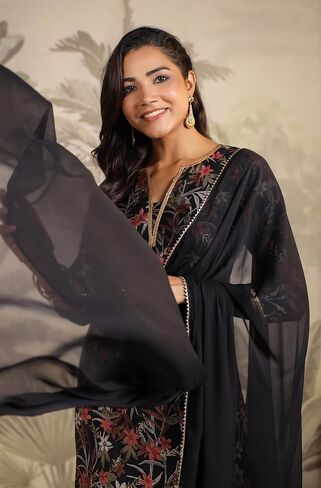 Janasya Indian Women's Floral Printed Kurta Kurti Top Tunic Festive Wedding wear Kurta Set with Dupatta for Women in Saudi Arabia