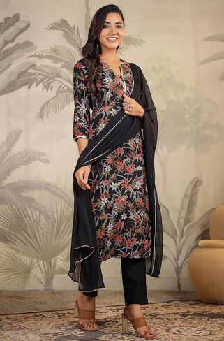Janasya Indian Women's Floral Printed Kurta Kurti Top Tunic Festive Wedding wear Kurta Set with Dupatta for Women in Saudi Arabia