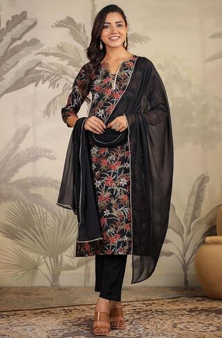 Janasya Indian Women's Floral Printed Kurta Kurti Top Tunic Festive Wedding wear Kurta Set with Dupatta for Women in Saudi Arabia
