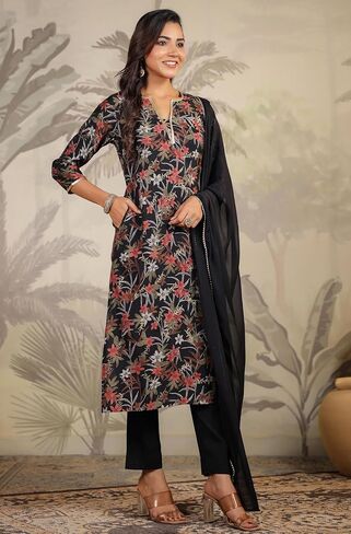 Janasya Indian Women's Floral Printed Kurta Kurti Top Tunic Festive Wedding wear Kurta Set with Dupatta for Women in Saudi Arabia