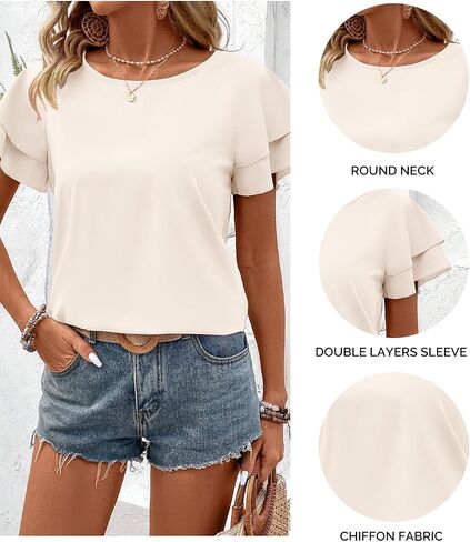 Samefar Womens Tops Dressy Casual Double Layers Short Sleeve Shirts Chiffon Summer Tops Business Work Blouses in Kuwait