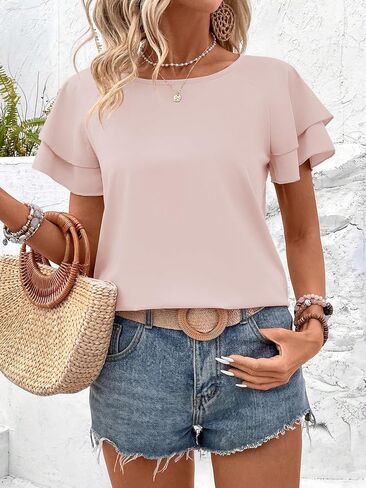 Samefar Womens Tops Dressy Casual Double Layers Short Sleeve Shirts Chiffon Summer Tops Business Work Blouses in Kuwait
