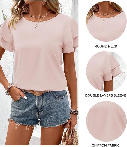 Samefar Womens Tops Dressy Casual Double Layers Short Sleeve Shirts Chiffon Summer Tops Business Work Blouses in Kuwait