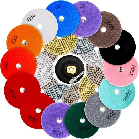 4 Inch Diamond Polishing Pads Set, 16PCS Wet/Dry Granite, Marble, Concrete Polishing Kit, 30-8000 Grit for Drill, Grinder, Polisher - Ideal for Stone, Countertops, and Floor Polishing with Backer Pad in Saudi Arabia