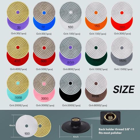 4 Inch Diamond Polishing Pads Set, 16PCS Wet/Dry Granite, Marble, Concrete Polishing Kit, 30-8000 Grit for Drill, Grinder, Polisher - Ideal for Stone, Countertops, and Floor Polishing with Backer Pad in Saudi Arabia