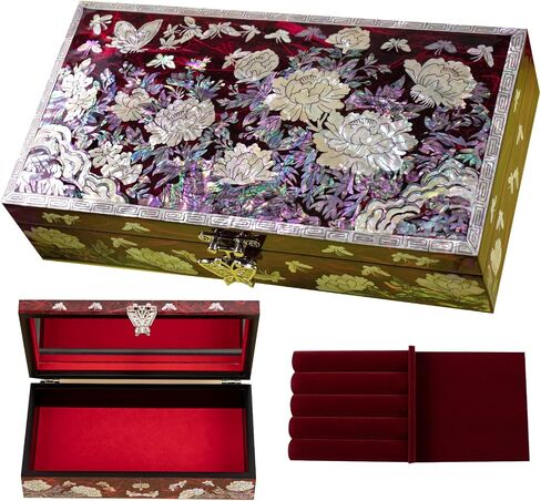 Mother of Pearl Floral Lacquer Jewelry Box Case Purple Perfect Jewelry Organizer and Storage Vintage Wood Jewelry Ring Box for Women Earring holder organizer in Saudi Arabia