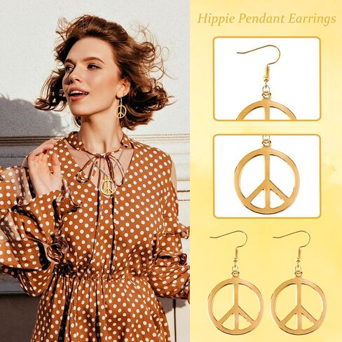 Peace Sign Necklace Earrings Set for Women Hippie Costume Accessories 60s 70s Jewelry Outfits Halloween Party Favors in Saudi Arabia