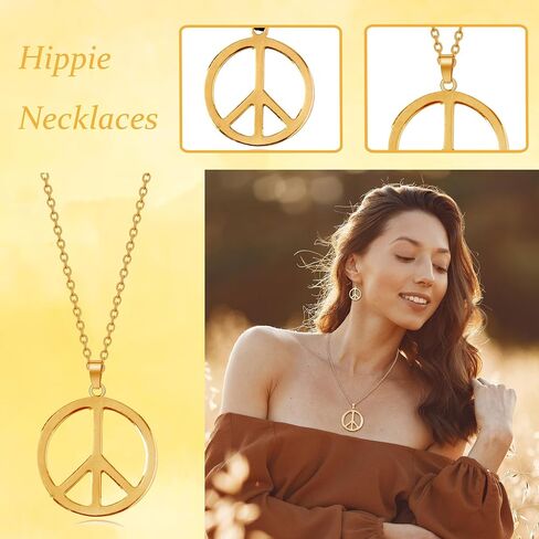 Peace Sign Necklace Earrings Set for Women Hippie Costume Accessories 60s 70s Jewelry Outfits Halloween Party Favors in Saudi Arabia