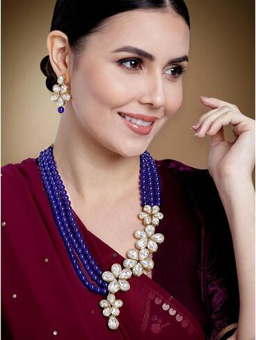 Aheli Floral Crystal Pearl Necklace with Drop Earrings Indian Traditional Bollywood Ethnic Jewelry Set Gift for Women in Saudi Arabia
