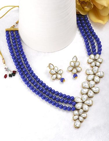 Aheli Floral Crystal Pearl Necklace with Drop Earrings Indian Traditional Bollywood Ethnic Jewelry Set Gift for Women in Saudi Arabia