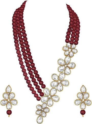 Aheli Floral Crystal Pearl Necklace with Drop Earrings Indian Traditional Bollywood Ethnic Jewelry Set Gift for Women in Saudi Arabia