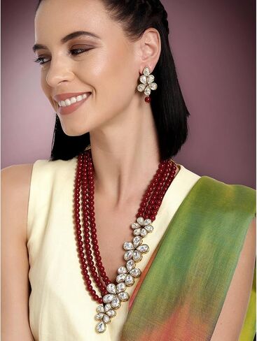 Aheli Floral Crystal Pearl Necklace with Drop Earrings Indian Traditional Bollywood Ethnic Jewelry Set Gift for Women in Saudi Arabia