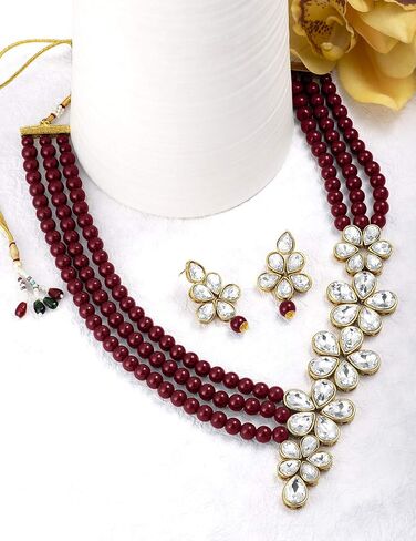 Aheli Floral Crystal Pearl Necklace with Drop Earrings Indian Traditional Bollywood Ethnic Jewelry Set Gift for Women in Saudi Arabia