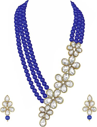 Aheli Floral Crystal Pearl Necklace with Drop Earrings Indian Traditional Bollywood Ethnic Jewelry Set Gift for Women in Saudi Arabia