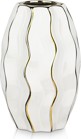 White & Gold Ceramic Flower Vase - 7.8" Modern Vertical Stripe Pottery Wave Vase | Ribbed Textured Flower Vase for Home Decor Bedroom Office Living Room Bathroom Table Centerpiece in Saudi Arabia