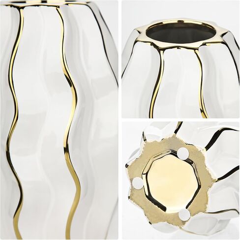 White & Gold Ceramic Flower Vase - 7.8" Modern Vertical Stripe Pottery Wave Vase | Ribbed Textured Flower Vase for Home Decor Bedroom Office Living Room Bathroom Table Centerpiece in Saudi Arabia