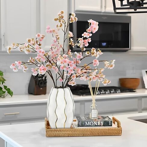 White & Gold Ceramic Flower Vase - 7.8" Modern Vertical Stripe Pottery Wave Vase | Ribbed Textured Flower Vase for Home Decor Bedroom Office Living Room Bathroom Table Centerpiece in Saudi Arabia