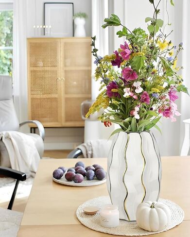 White & Gold Ceramic Flower Vase - 7.8" Modern Vertical Stripe Pottery Wave Vase | Ribbed Textured Flower Vase for Home Decor Bedroom Office Living Room Bathroom Table Centerpiece in Saudi Arabia