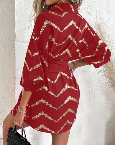 Chicme Womens Long Sleeve Dress Dress Dress Bronzing Chevron Print Terctly Terted Twal Tert in Kuwait