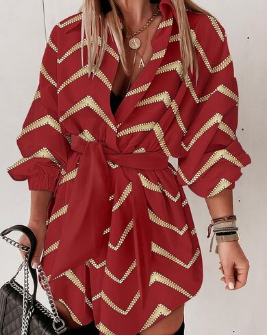 Chicme Womens Long Sleeve Dress Dress Dress Bronzing Chevron Print Terctly Terted Twal Tert in Saudi Arabia