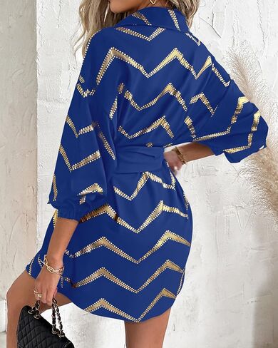 Chicme Womens Long Sleeve Dress Dress Dress Bronzing Chevron Print Terctly Terted Twal Tert in Kuwait