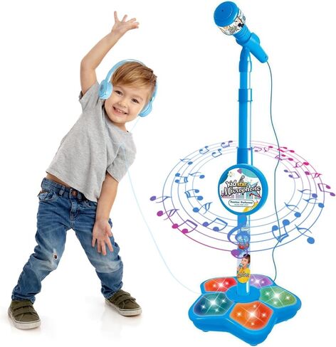 آلة Kids Karaoke مع حامل ميكروفون قابل للتعديل للأطفال واقفا للاستفادة من الغناء المحمول سماعة رأس قابلة للسحب للموسيقى والغناء قاعدة الضوء وميض المسرح ل 3-+ الأولاد الفتيات (الوردي) in Kuwait