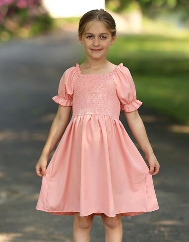 JiAmy Girls Summer Dress Ruffle Puff Sleeve Casual Dresses for Kids Square Neck Smocked Flowy Dress 5-14 Y in Kuwait