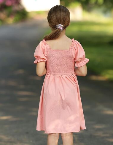 JiAmy Girls Summer Dress Ruffle Puff Sleeve Casual Dresses for Kids Square Neck Smocked Flowy Dress 5-14 Y in Kuwait