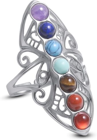 7 Chakra Ring for Women, White Gold-Plated Yoga Chakra Rings Jewelry Healing Crystal Energy Protection Mother’s Day Christmas Gifts, Healing Crystal Stone Adjustable Ring. in Kuwait