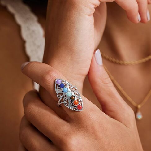 7 Chakra Ring for Women, White Gold-Plated Yoga Chakra Rings Jewelry Healing Crystal Energy Protection Mother’s Day Christmas Gifts, Healing Crystal Stone Adjustable Ring. in Kuwait