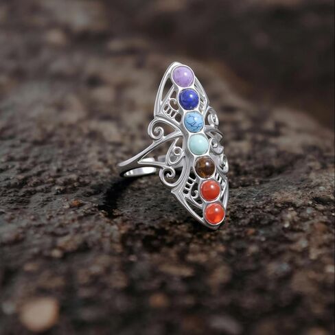 7 Chakra Ring for Women, White Gold-Plated Yoga Chakra Rings Jewelry Healing Crystal Energy Protection Mother’s Day Christmas Gifts, Healing Crystal Stone Adjustable Ring. in Kuwait