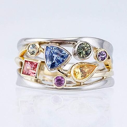 Lresjjiuj 925 Sterling Silver هندسة ملونة Moissanite Band Womens لامعة كاملة الماس قوس قزح الأحجار الكريمة حلقة متعددة الصف موجة الأبدية الاشتباك in Kuwait
