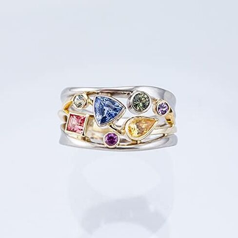 Lresjjiuj 925 Sterling Silver هندسة ملونة Moissanite Band Womens لامعة كاملة الماس قوس قزح الأحجار الكريمة حلقة متعددة الصف موجة الأبدية الاشتباك in Kuwait