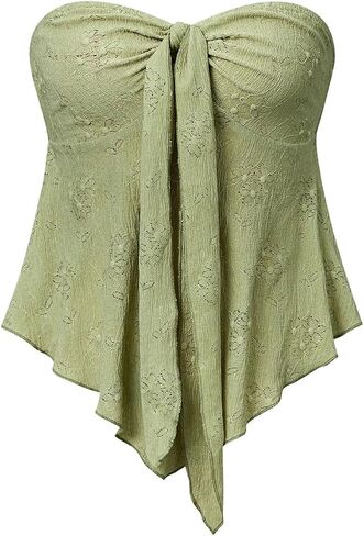 SweatyRocks Women's Knot Bow Front Eyelet Embroidery Textured Strapless Tube Tops in Saudi Arabia