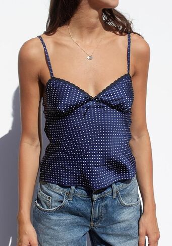 نساء محصول الحرير كامي أعلى y2k polka dot السباغيتي حزام الحزام أعلى الدانتيل in Kuwait