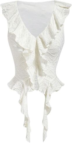 Floerns Women's Y2K Asymmetrical Ruffle Concert Top V Neck Sleeveless Textured Going Out Western Crop Tops in Saudi Arabia