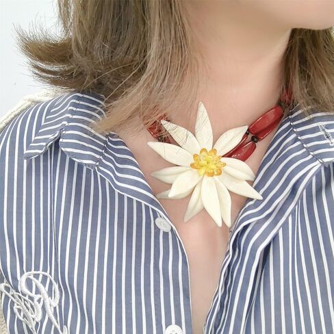 Dtja Large Flower Bamboo Pendant Choker Necklace for Women Fashion Unique White Blossom Chain Adjustable Creative Tropical Statement Holiday Vacation Jewelry Red in Saudi Arabia
