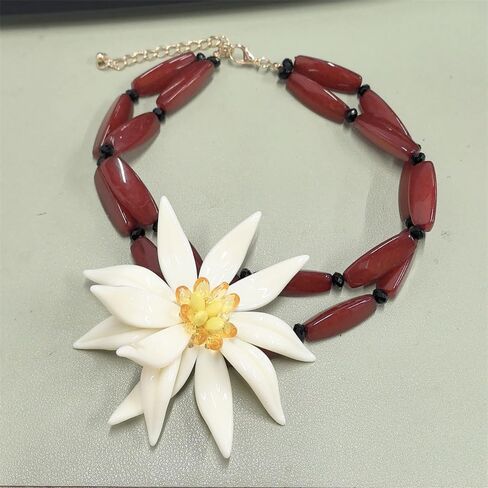 Dtja Large Flower Bamboo Pendant Choker Necklace for Women Fashion Unique White Blossom Chain Adjustable Creative Tropical Statement Holiday Vacation Jewelry Red in Saudi Arabia
